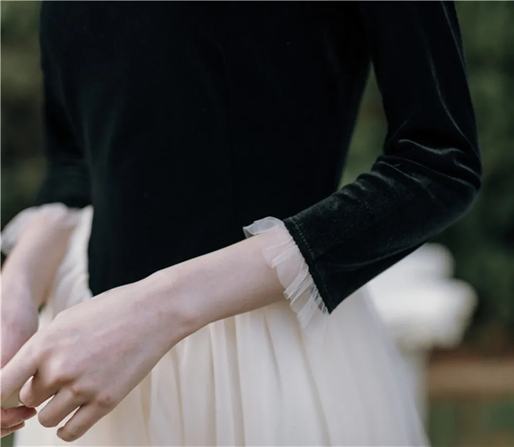 

Sweet Princess Midi Dress Women Vintage Black Velvet Patchwork Lace Mesh Elegant Dresses For Lady Date Birthday Party Night