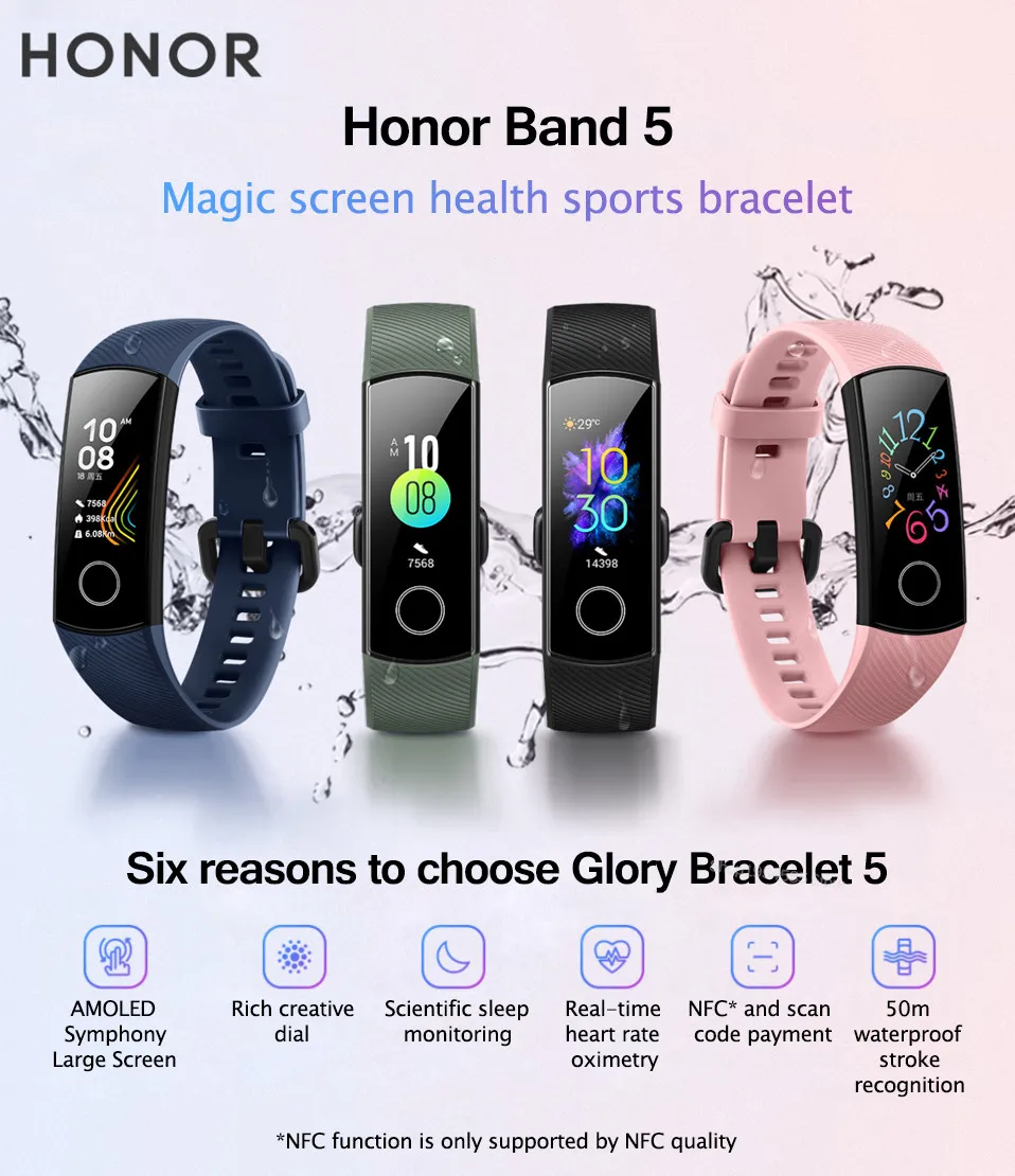 Умный Браслет huawei Honor Band 5, Оксиметр крови, кислород, волшебный цвет, сенсорный экран, для плавания, для обнаружения сердечного ритма, сна, сна