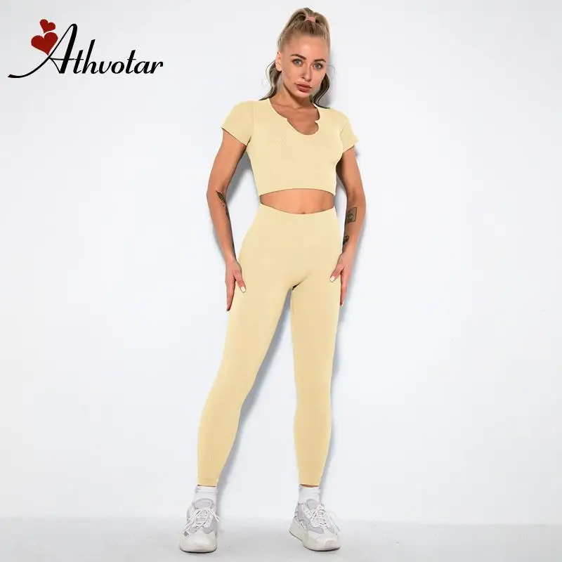 ATHVOTAR Women Fitness Set Yoga Clothing 2 Piece Solid Push Up Bra and Gym Leggings Joga Seamless Sportswear | Спорт и развлечения