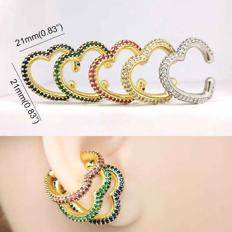 

QMHJE 1 piece Ear Clip on Earrings Cuff Rainbow CZ Gold Silver Color Women Earring Jewelry Non Pierced Ear Cuff Star Heart White