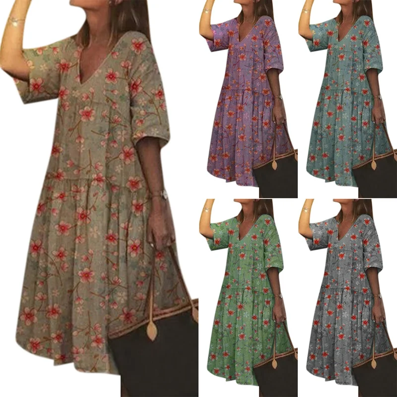 

Vicabo Floral Printed Dress Boho Holidays Fashion V Neck Casual Loose Half Sleeve Summer Big Swing Vstidos 5XL