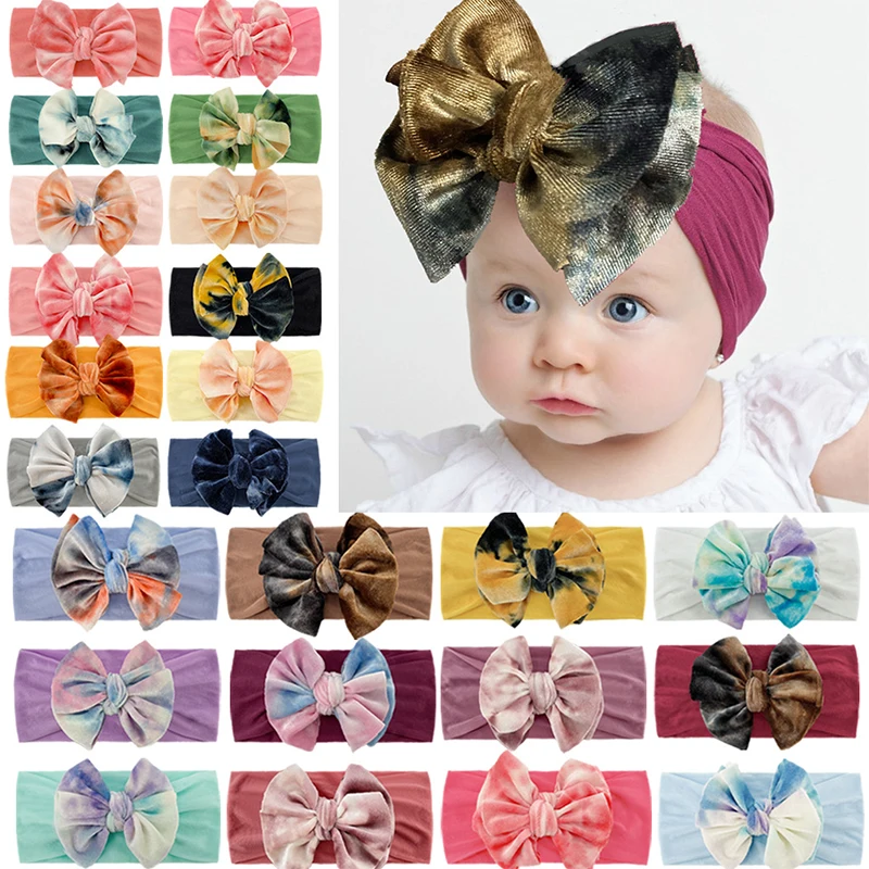 

Golden Velvet Baby Headbands Solid Color Bows Baby Girls Hairband Turban Soft Elastic Baby Hair Bands Girl Nice Hair Accessories