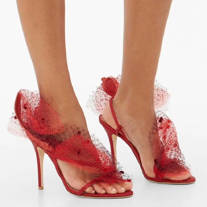 

Heels High Sandals Women's Summer Thin Heel Banquet Red Wedding Shoes Feather Mesh Hollow Out Gladiator Sandalias