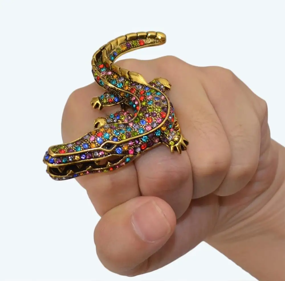 

Viking Vintage Colorful Crystal Rhinestone Crocodile Rings For Women Men Bronze Fashion Exaggerated Indian Gypsy Punk Jewelry