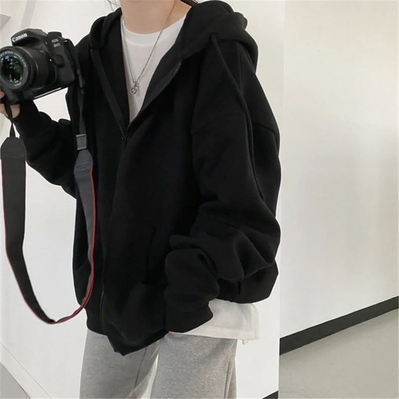 Winter Casual Streetwear Solid Loose Oversized hoodie Harajuku Soft cotton Warm Thin Zipper Y2K Women sweetshirts All-match Top