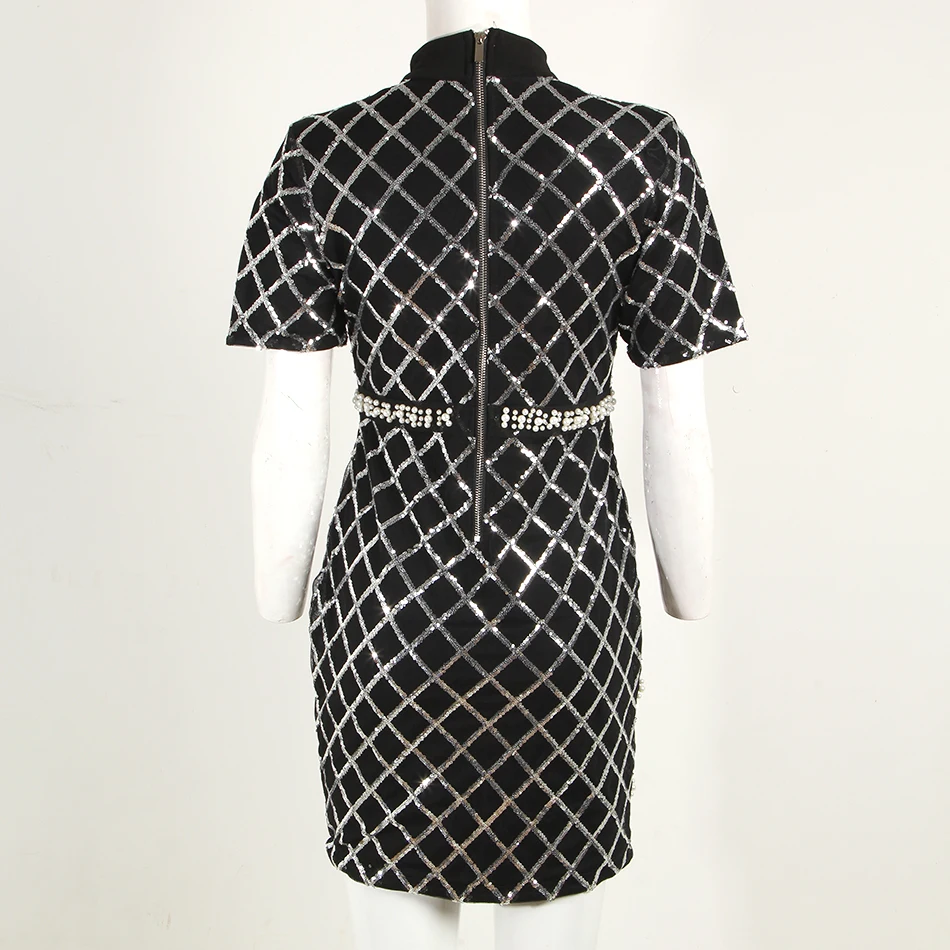 Модное женское платье с блестками и бусинами облегающее мини круглым вырезом