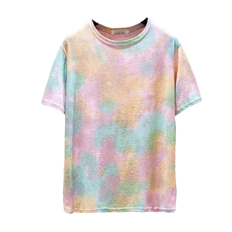 

Nkandby Plus Size Summer Tshirt Women Loose Short Sleeve Tie Dye T-shirt Cotton Loose Gradient Oversize Tops Female Clothing
