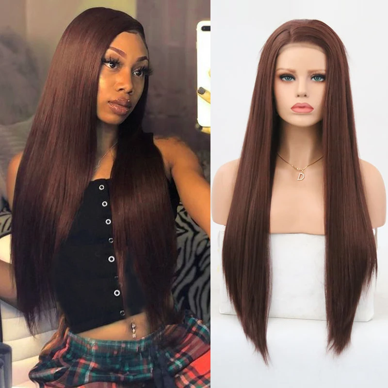 Харизма темно коричневый парик длинный прямой синтетический кружевной передний