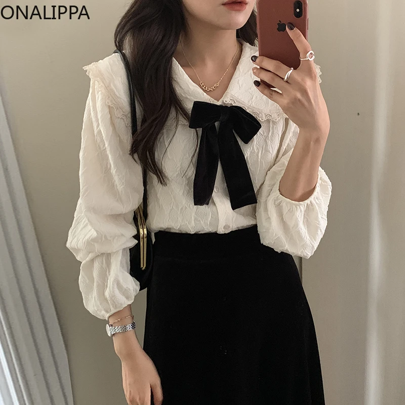 

ONALIPPA Women Set 2021 Autumn Korean Sweet Doll Collar Bowknot Three-Dimensional Texture Shirt High-Waist Velvet Wrap Hip Skirt