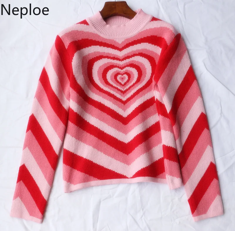 Neploe Love Heart Pattern Sweater Women Color Matching Rainbow Half Turtleneck Pullover Jumper Autumn Slim Knitted 80292 | Женская