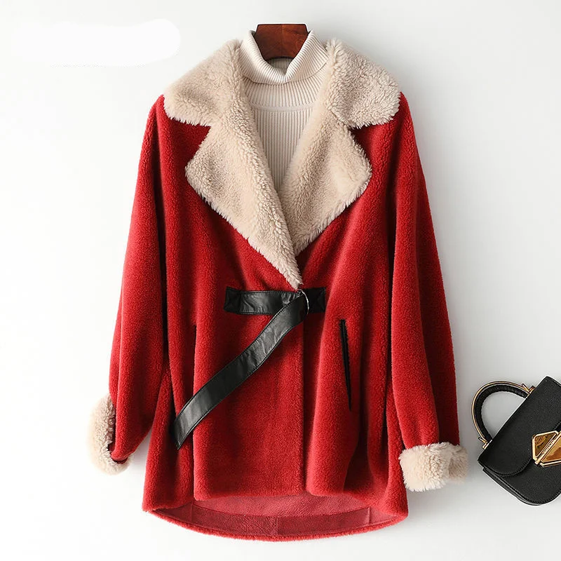 

Real Winter Skin for Australian Woman Warm Thick Woolen Jackets Stylish Loose Big Long Size Long Outwear Woman's Christmas Coat