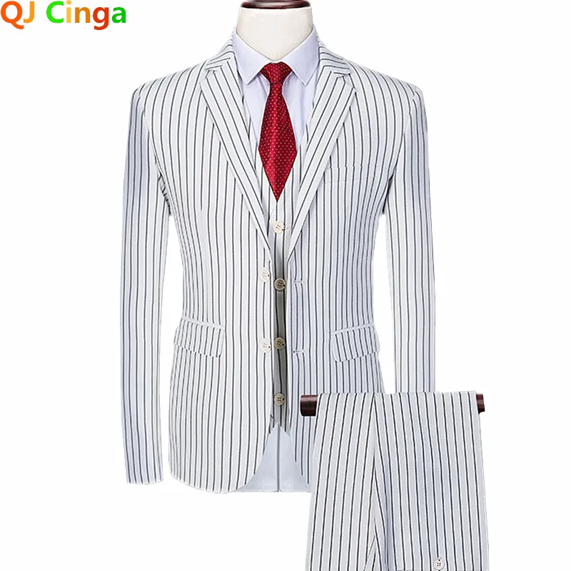 White Men's Striped 3 Piece Suit Business Terno Masculino Blue Black Jacket and Pants Vest Plus Size Costume Homme 6xl