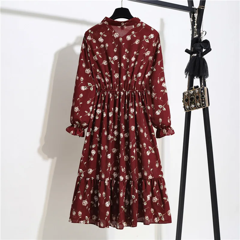 

11 Style Beautiful Fashion Summer Women Long Sleeve Dress Retro Collar Casual High Waist Dresses Floral Print Chiffon Clothing
