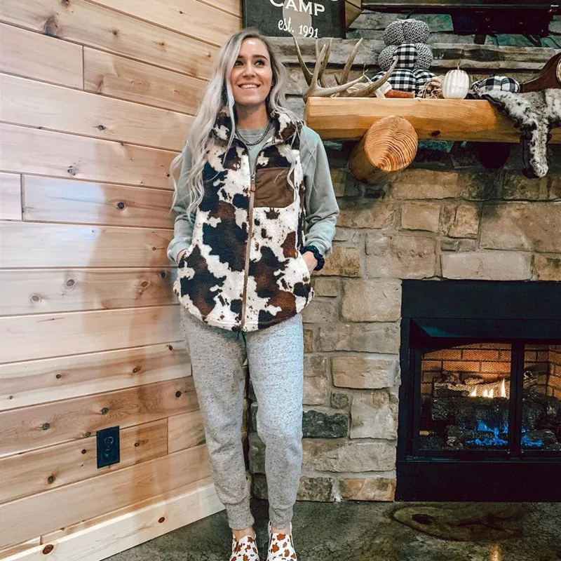 

Winter Cow Print Stand Collar Vest Women's Beauty Plush Loose Casual Cardigan Sleeveless Jacket