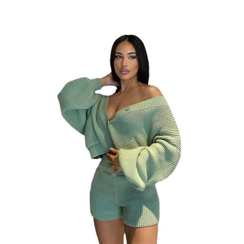 

Женский трикотажный спортивный костюм, Повседневный свитер с длинным рукавом и шорты, комплект из 2 предметов, одежда для отдыха на весну и о...