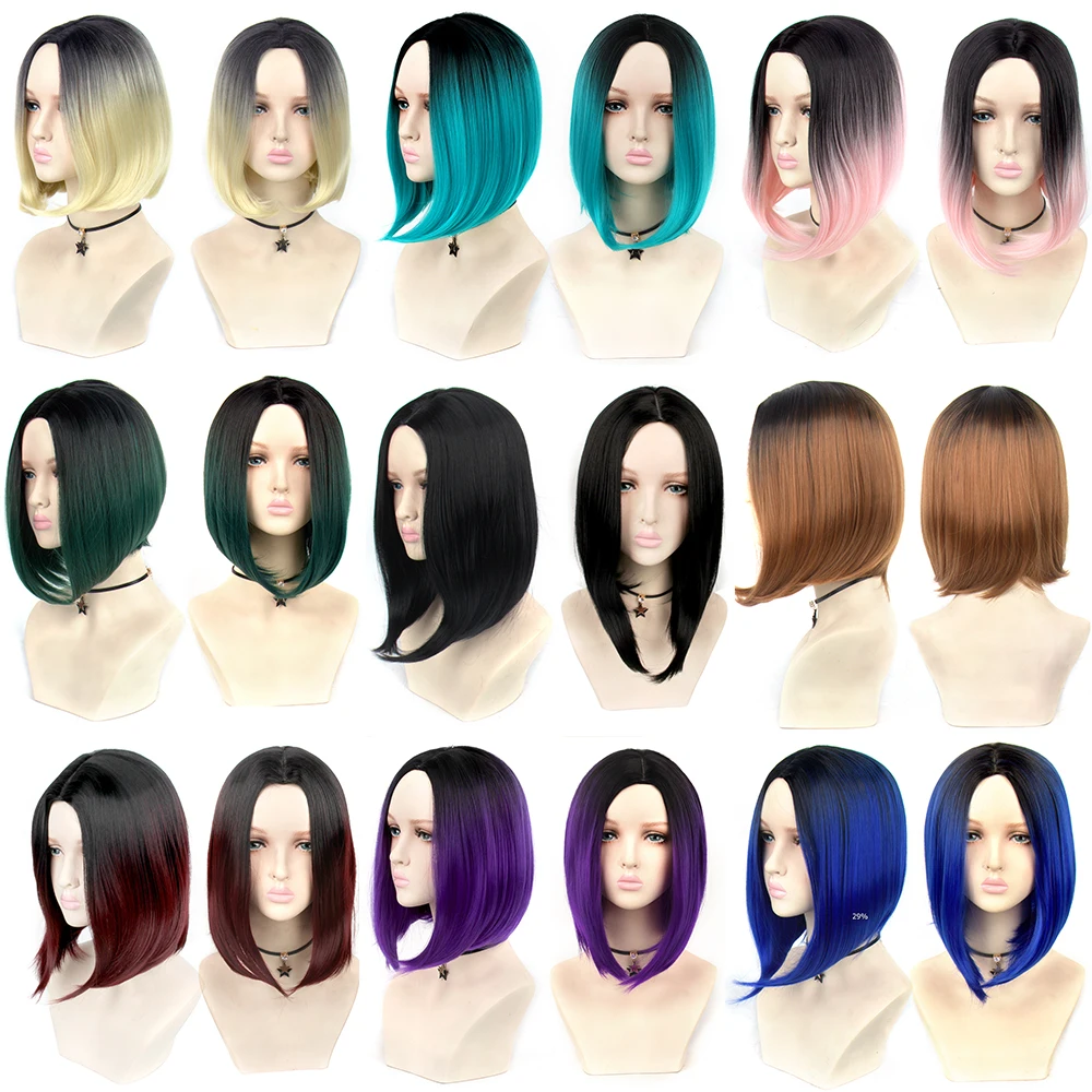 

Middle Part High Temperature Fiber Synthetic Wig Short Ombre Black mix Blue Color Bob Wigs for Black Women