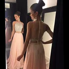 Розовое платье для выпускного вечера 2021, Элегантное длинное прозрачное шифоновое вечернее платье со шлейфом и кристаллами