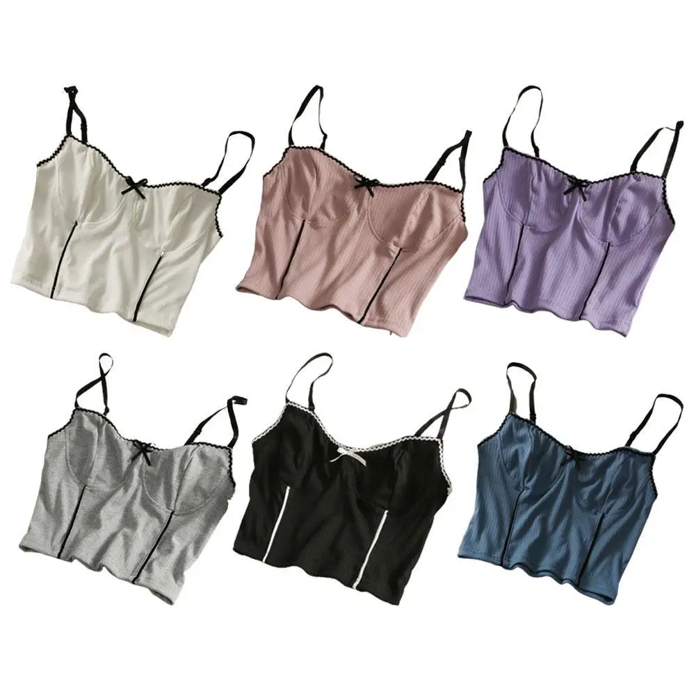 

2021 Summer Knit Camisole Crop Tops Spaghetti Strap Backless Tank Tops Elegant French Womens Clothes