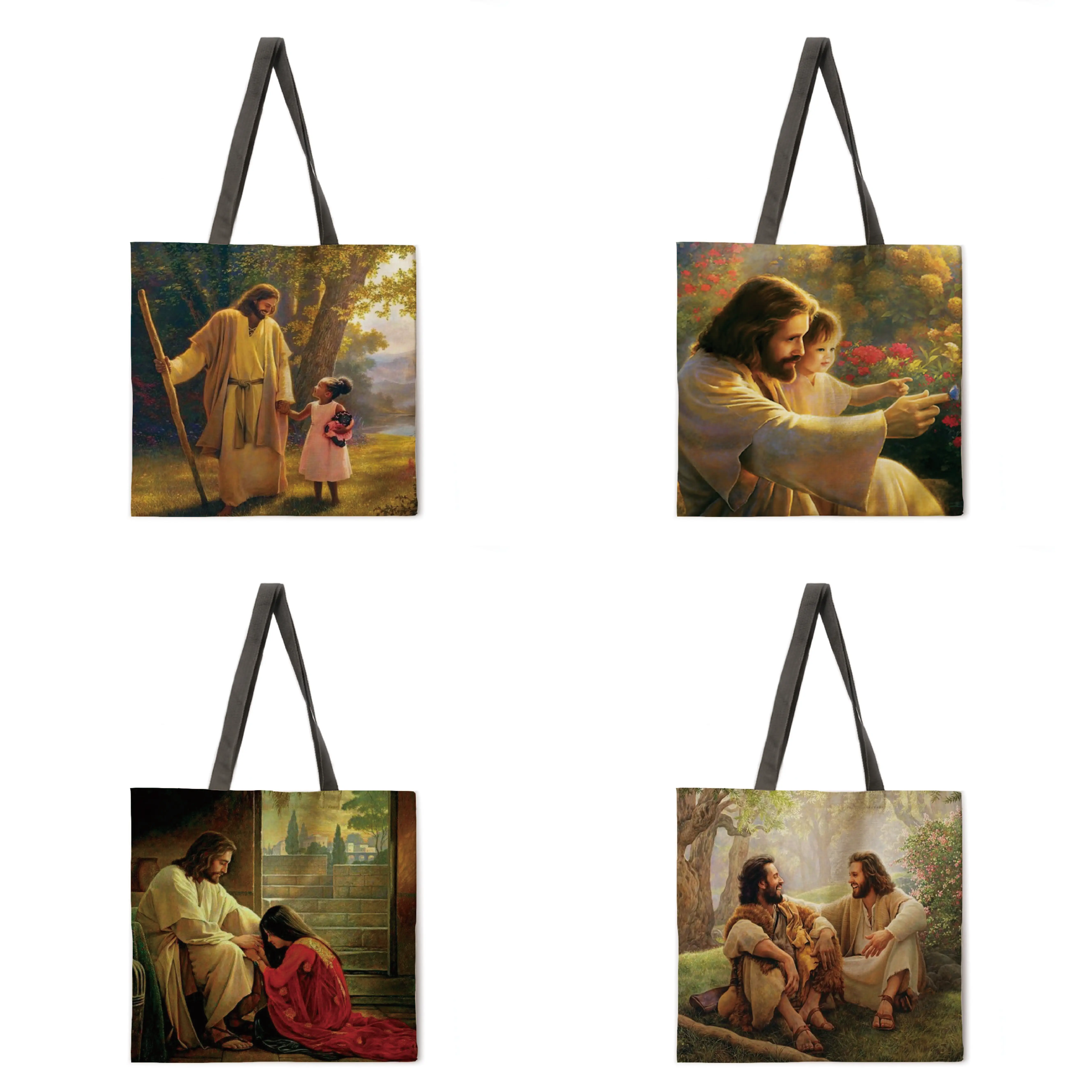 

Ladies Fashion Shopping Bag Linen Reusable Tote Bag Jesus Printed Shoulder Bag Outdoor Beach Bag Casual Tote Bag