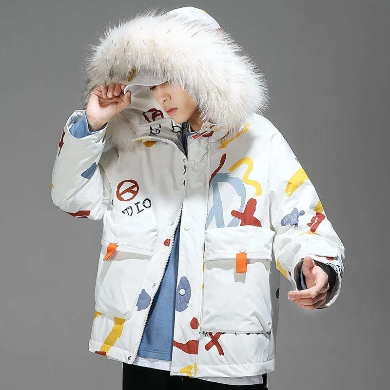 INS Lover Coat Jacke Big Fur Collar White Down Jacket Women 2021 Winter Jackets For Couple Loose Thick Warm Hooded Jacket Female