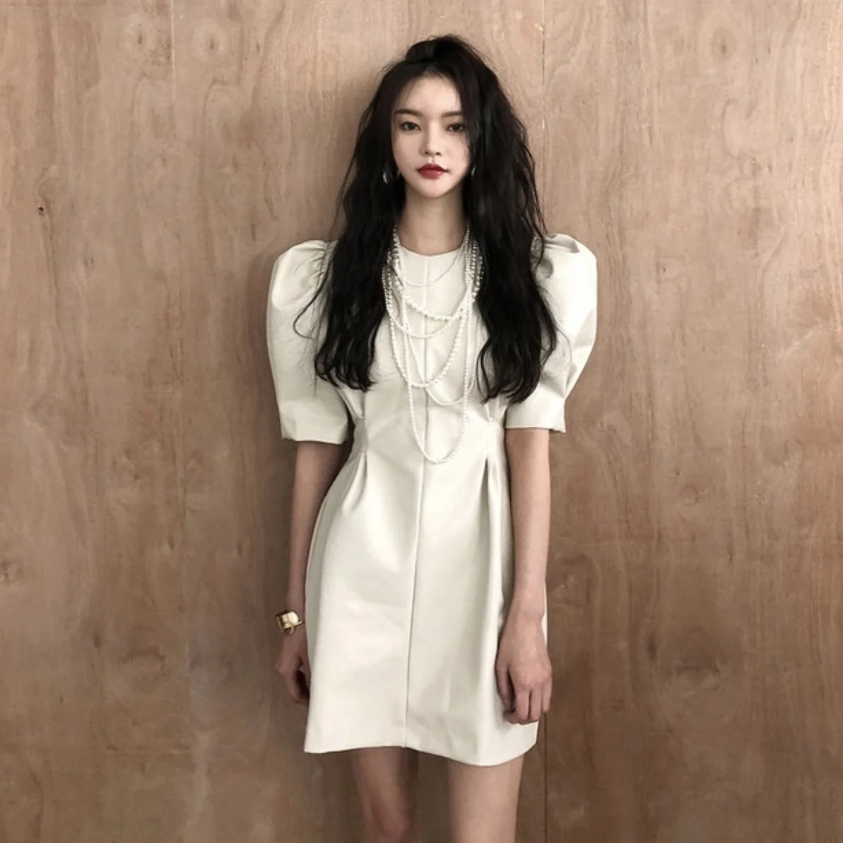

Korean Style Women Summer O Neck Ladies Sexy Solid Pu Dress Elegant Fashion Short Sleeve High Waist Party Dresses