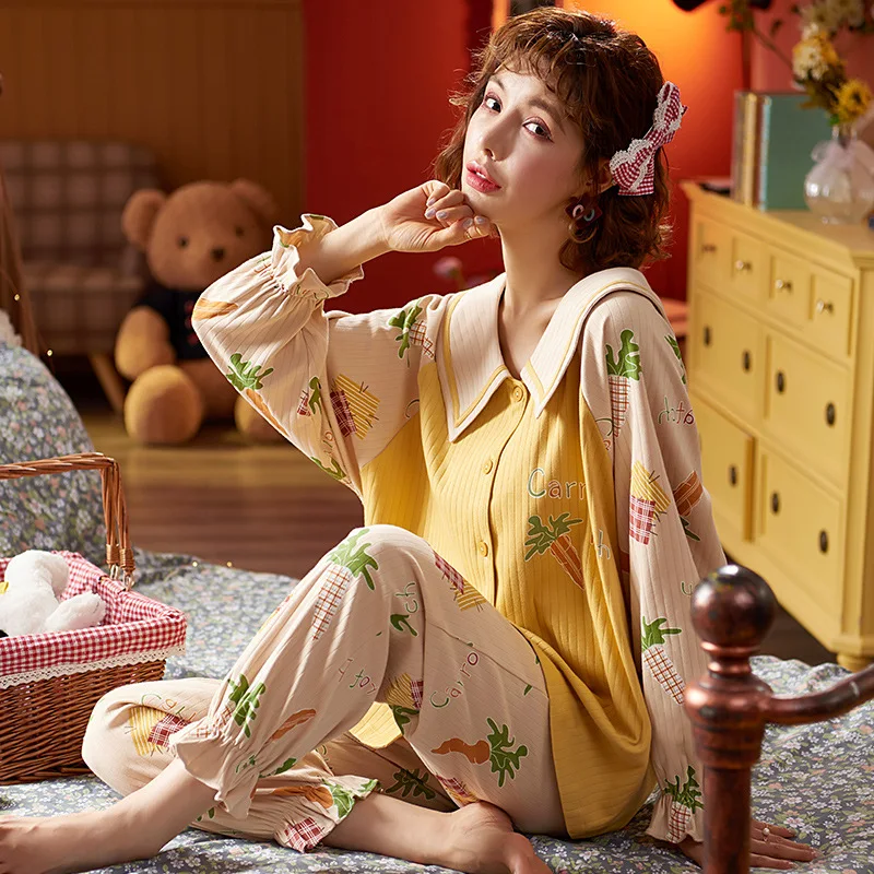 

2020 Women Pajamas Autumn Long Sleeve Pure Cotton Sleepwear Turndown Collar Sweet Cute Princess Style Outdoor Femme Homewear NEW