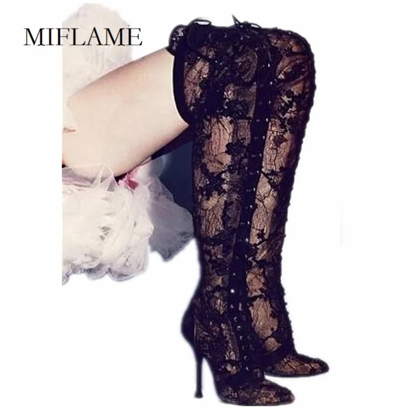 Jual Sepatu Bot Tinggi Paha Seksi Ujung Lancip Musim Gugur Baru 2020 Hak Tipis Mewah Bertali Hitam Hak Tinggi Super Diikat Di Atas Lutut