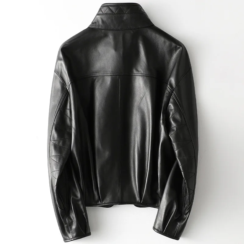 Women's Stand Collar Black High Quality Sheepskin Jacket Loose Medium Length Spring 2021 New Real Leather Coat with Pockets