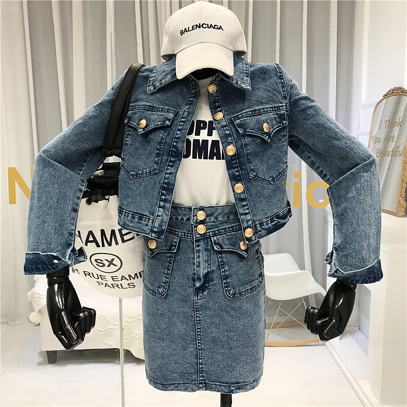 2020 корейская мода однобортная короткая джинсовая куртка с высокой талией юбка