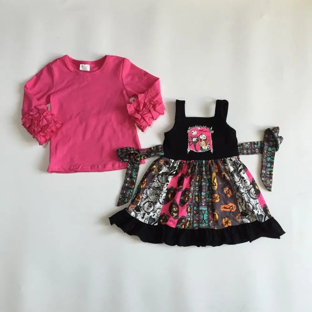 Halloween Fall/winter baby girls ghost skull print hot pink top black belt dress children clothes milk silk ruffles knee length | Детская