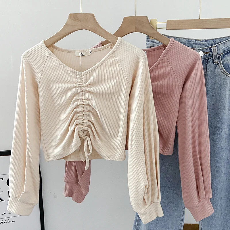 

Европейская станция, новинка, футболка в западном стиле с V-образным вырезом и длинными рукавами, женская модель 2021 года, сезон весна-осень, д...