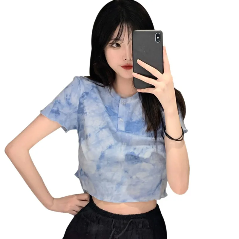 

Casual Tie-Dye Print T Shirt Short Sleeve Woman Summer O Neck Cotton Tshirt Vintage Streetwear Clothing