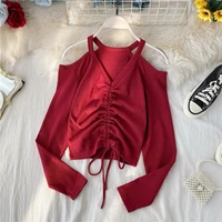 womens 2021 chic new spring summer sexy casual blouse solid v neck strapless drawstring long sleeve ladies blouse