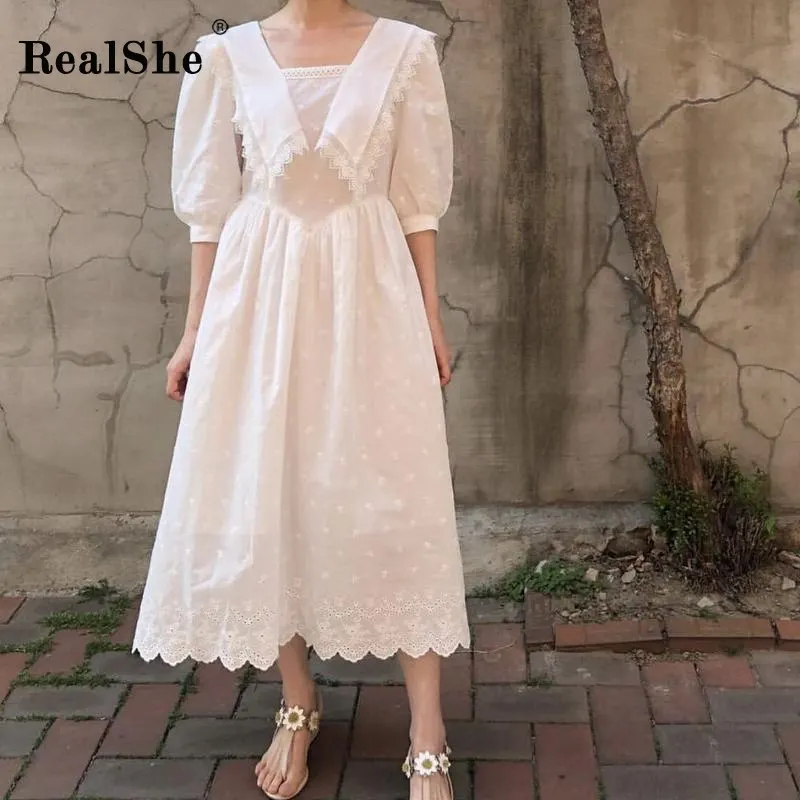 RealShe летнее платье длинное матросский воротник половина фонарь рукав оборками
