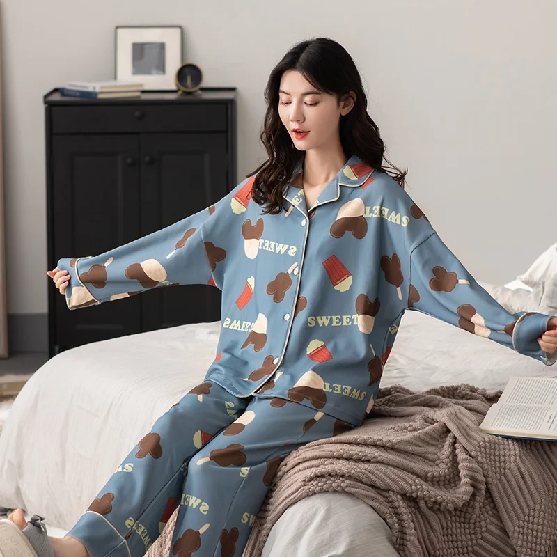

BZEL M-4XL Women Cotton Pajamas Set Cute Casual Home Wear Turn-Down Collar Nighty Comfort Pijama Loose Pyjamas Cartoon Sleepwear