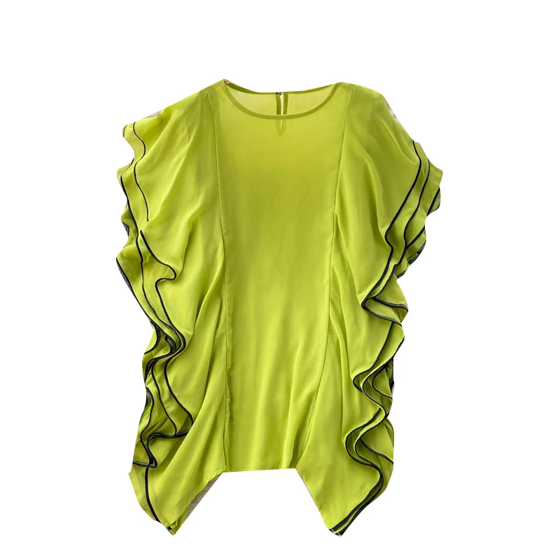 

Design Ruffle Chiffon Blouse Women Short Sleeve Solid Casual Loose Tops 2021 Summer Fashion Korean Streetwear Blouses