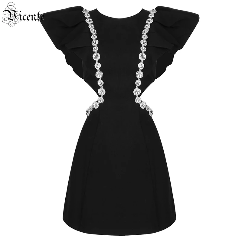 

VC Black Short Dress Bubble Short Sleeves Fashion Diamond-studded Waist Sexy Short Skirt For Women