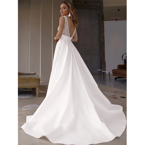 Wedding Dresses Sleeveless A-line Sequins Satin Bridal Dress Women Backless Bride Gown Backless Stylish 2022 Свадебное платье