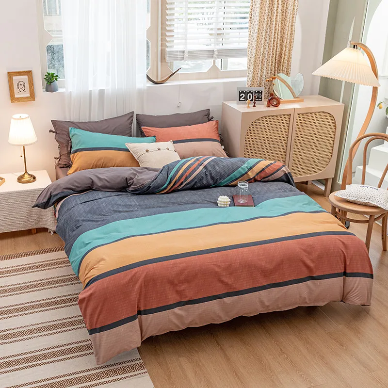 

4pcs Colourful Stripe Warm Bedding Set Winter Easy Care Duvet Cover Flat Sheet Pillowcase Full Twin King Queen Size Bedding Set