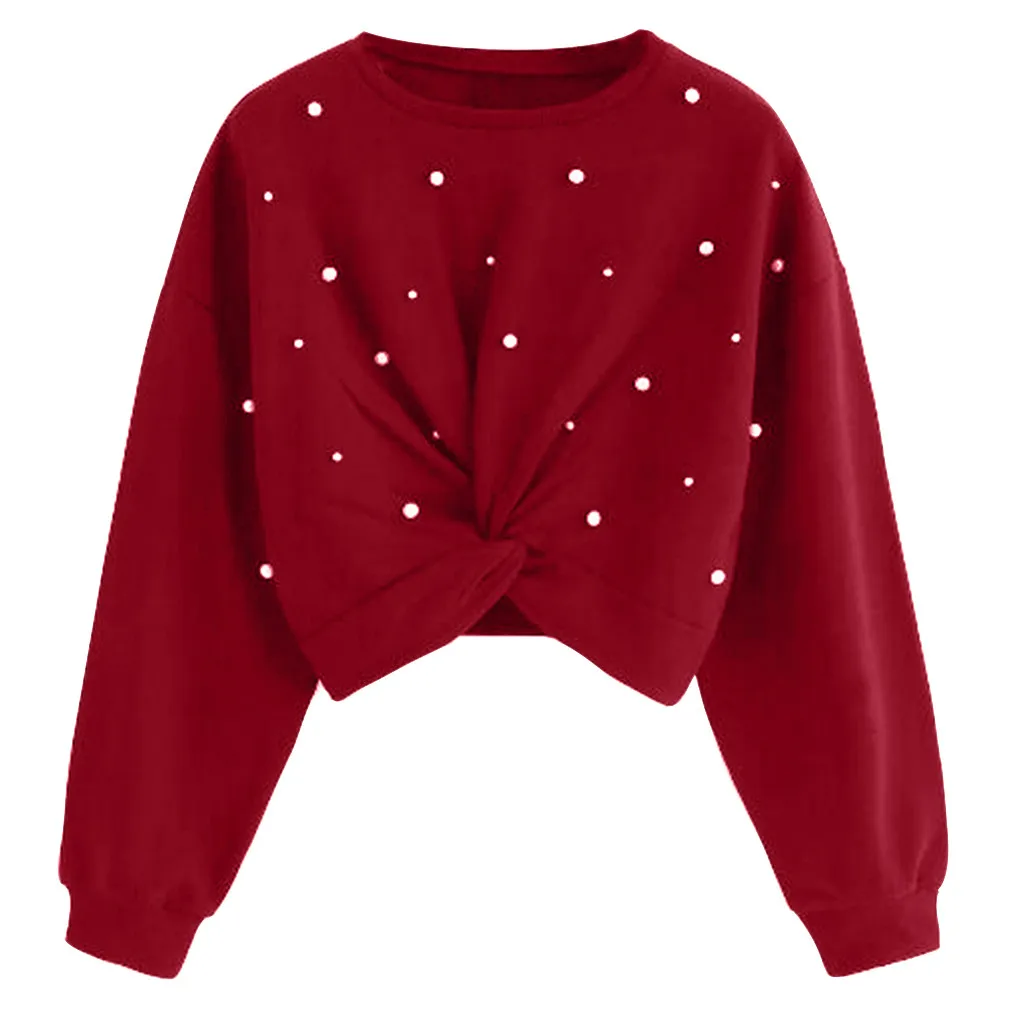 Женский укороченный свитер с длинным рукавом круглым вырезом и бусинами