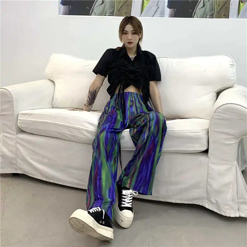 

2021 Spring Autumn Women Tie Dye Print Straight-leg Pants Elastic Waist Loose Casual Pant New Female Maxi Trousers Y473