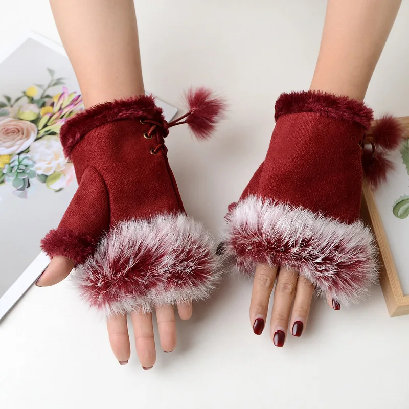

2021 Girls Fingerless Gloves Cute Faux Rabbit Fur Knitted Gloves Women Winter Knitting Warmer Wrist Hand Gloves Mitten