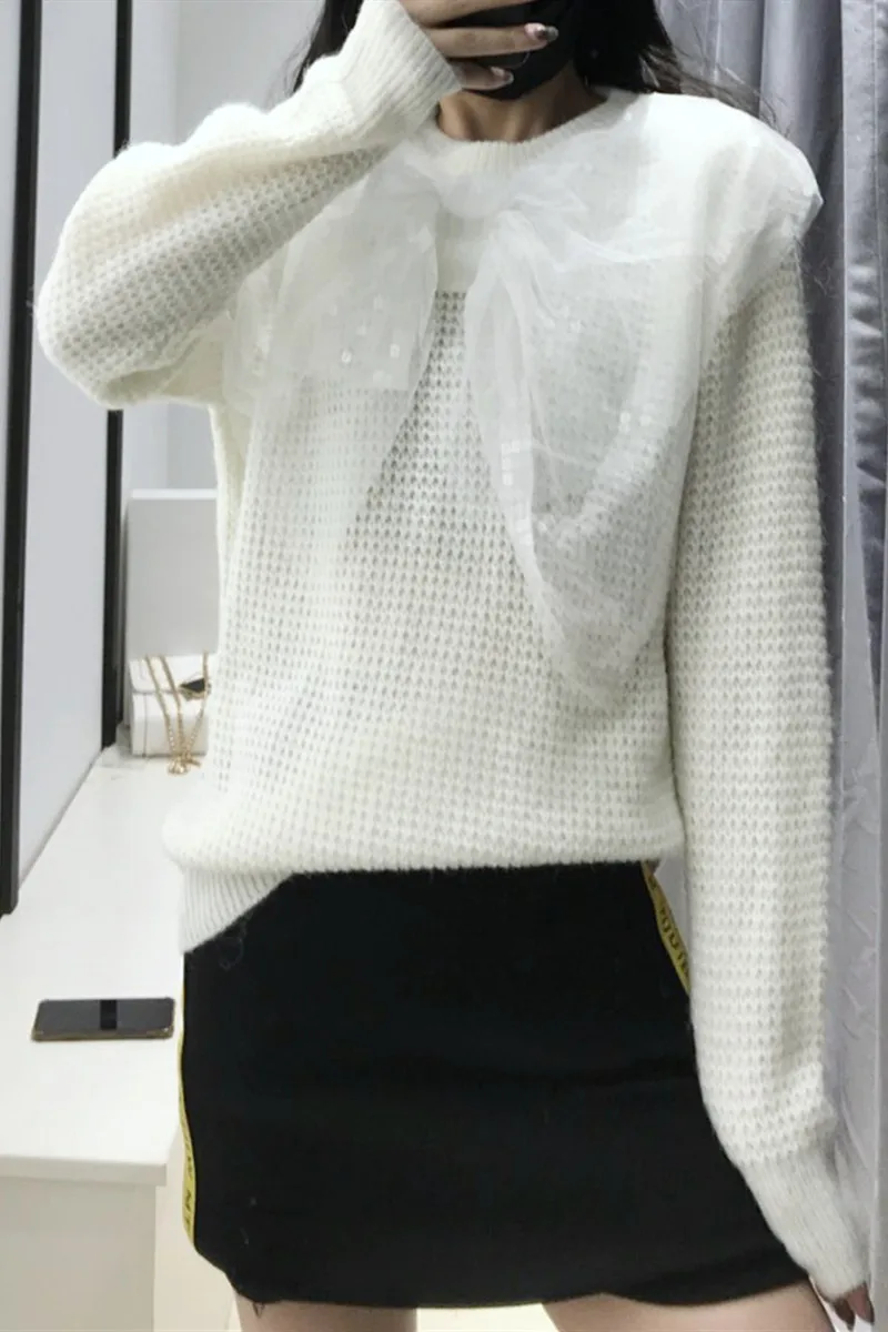 

Sweet Sweater Women's 2020 New Fashion Round Neck Long Sleeve Mesh Sequined Bow Slim Elegant Sweaters Students Knit Pullover