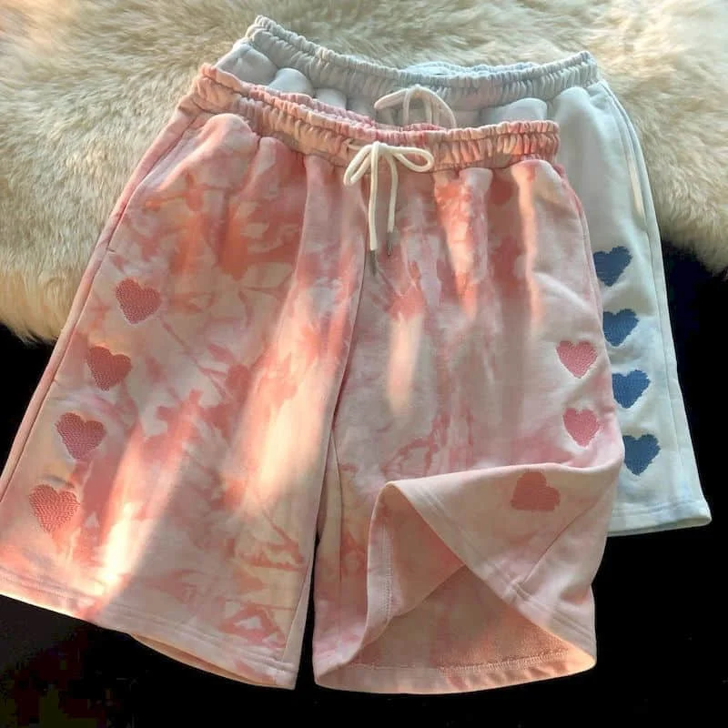 

Casual Shorts Women Short Pant Men Heart Embroidery High Waist Summer Loose Hip-hop Couples Sweatshorts Grunge Clothes Harajuku