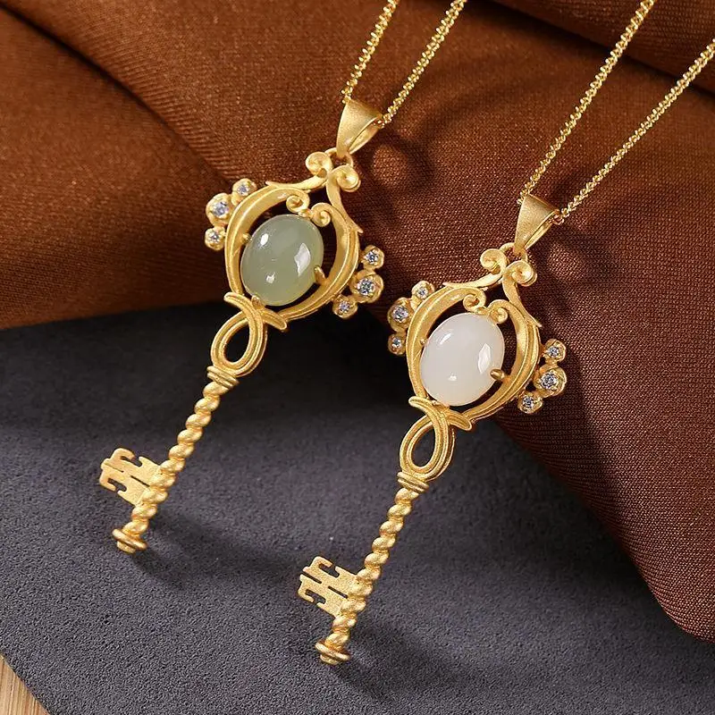 

S925 Sterling Silver Natural Hetian Jade White Jade Gray Jade Key Pendant Personality Retro Temperament Ornament