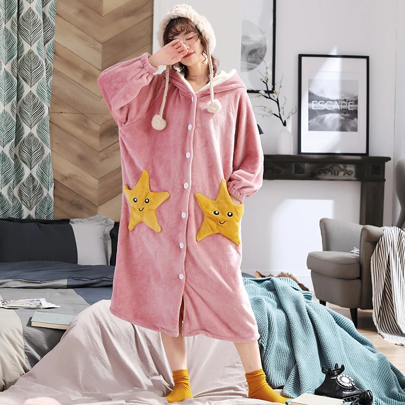 

Winter Warm Hooded Bathrobe Women's Robes Flannel Sleepwear Femme Bathrobes Kimono Dressing Gown Nightgowns Plus Size Robes