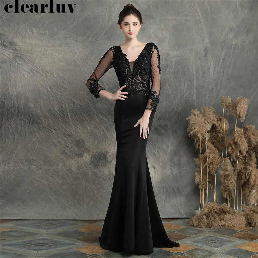 

Женское вечернее платье-русалка, черное платье с открытой спиной и длинным рукавом, для торжественных случаев, размера плюс, с бисером, 2019