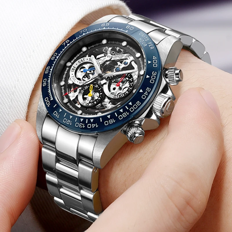 

LOREO Stainless Steel 200M Waterproof Mens Skeleton Watches Top Brand Luxury Transparent Mechanical Sport Male Wrist Watches