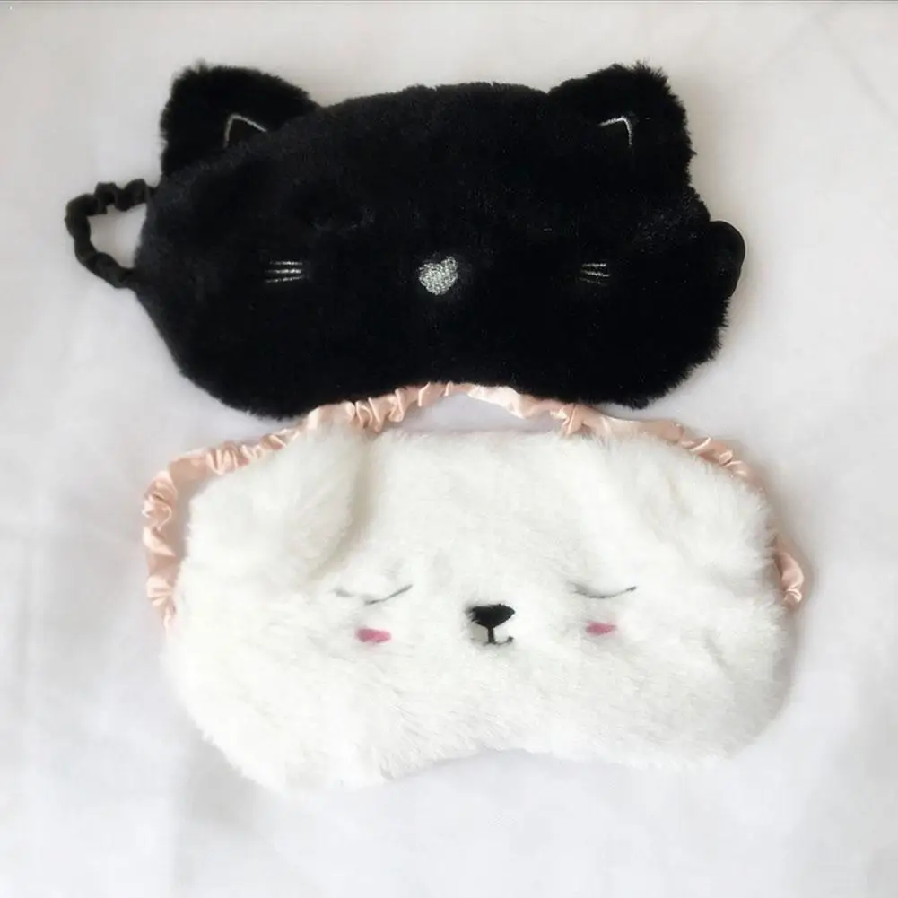

Japanese Style Unisex Plush Sleeping Eye Mask Cartoon Cat Black White Eyeshade For Travel Satin Dog Blinder Animal Lined Co Y8H1