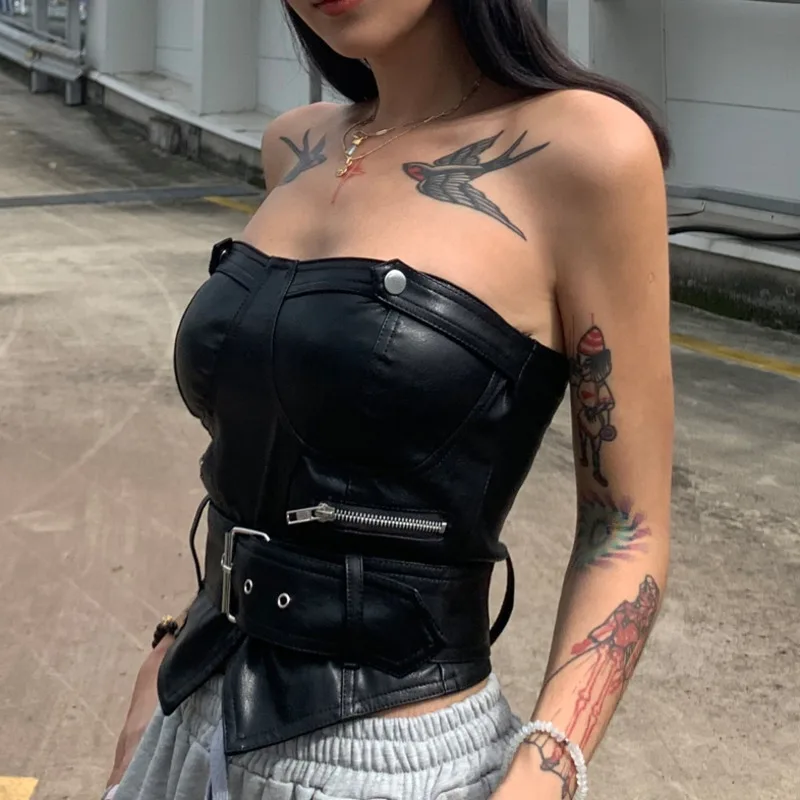 

2022 New fashion Women Sweetheart Neckline PU Bandeau Corset With Waist Belt Faux Leather Corset Crop Top With Zip Detail V932